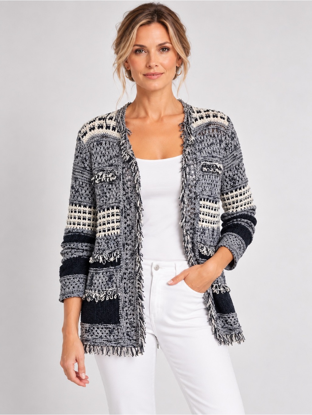 Chicos Fringe Open Front Cardigan Sweater 2 Navy Blue Gray Knit Coastal Boho L